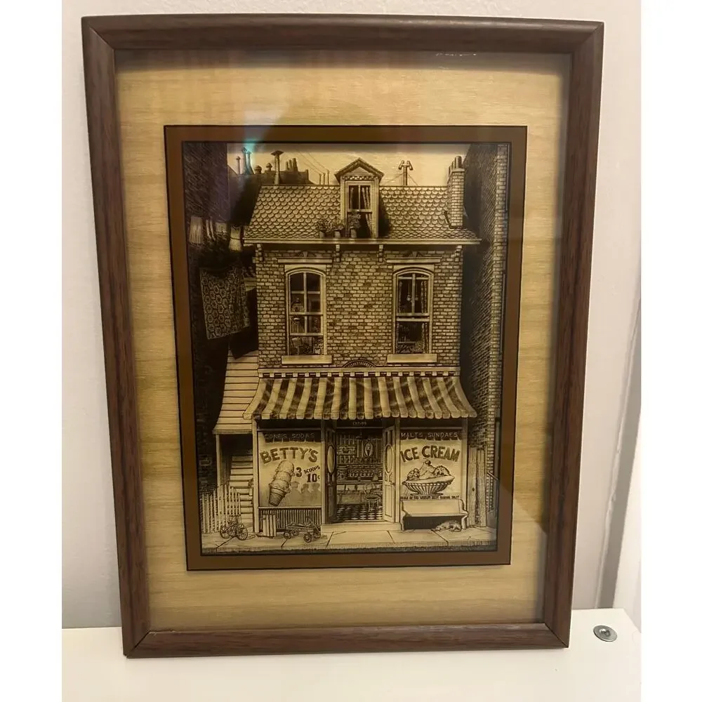 Vintage 1970's retro quaint old fashion ice cream shop print